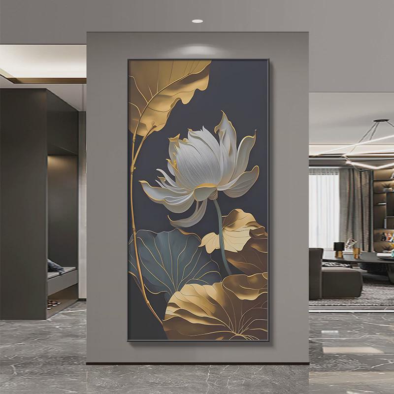 现代轻奢入户玄关装饰画荷花带钻LED灯壁画竖版客厅过道走廊挂画图片