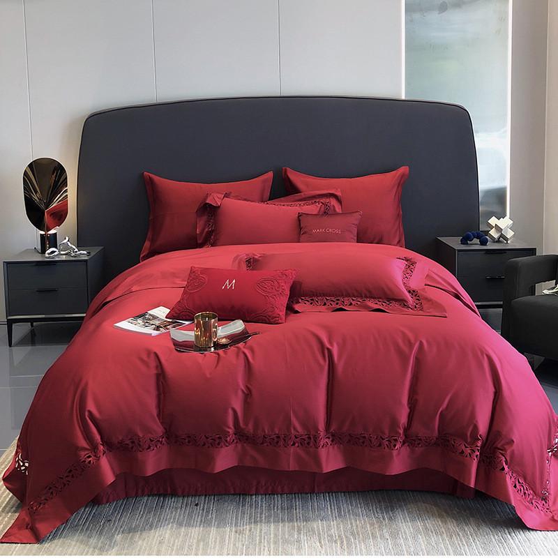 100s长绒棉轻奢时尚婚庆四件套全棉高端结婚大红被套宽边1.8床品