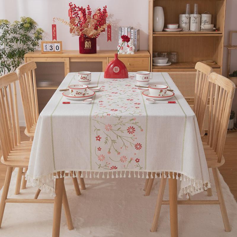 婚庆绣花红色祥云桌布流苏桃花长方形茶几台布餐桌布婚房装饰