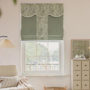 法式复古茶绿手绘植物轻法式奶油色窗帘罗马帘遮光卧室书房卷帘