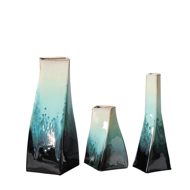 热销现代简约陶瓷花瓶几何体摆件颜色釉孔雀绿方形家居客厅异形花