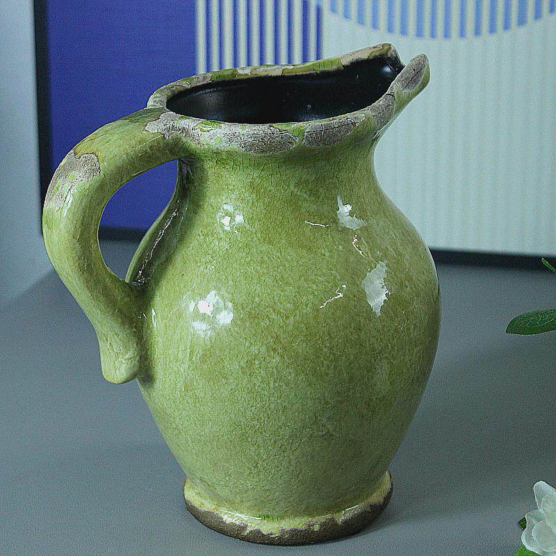 美式乡村地中海做旧绿色单耳陶瓷花瓶家居饰品软装板房橱窗花艺