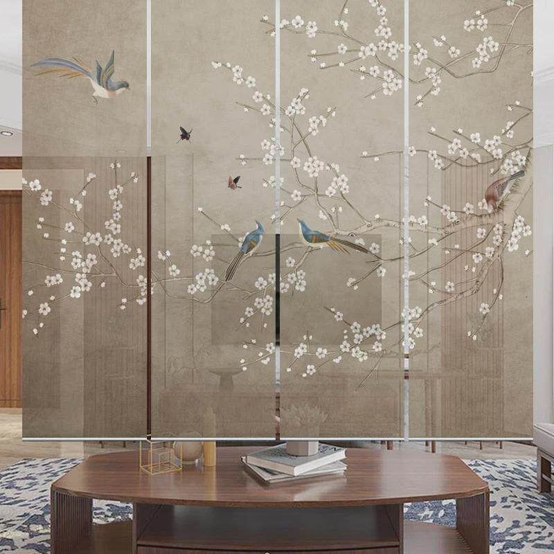 新中式花鸟卷帘遮光手拉办公家用装饰布艺半透明挂帘定制隔断帘