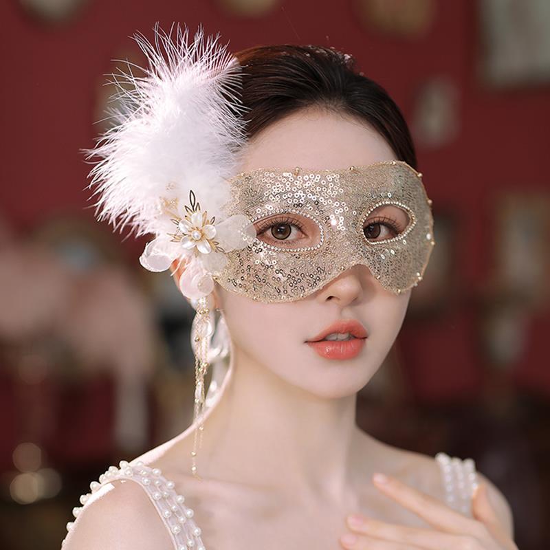 金色表演面具半脸女古风羽毛舞台面纱出拍照面罩化妆舞会派对厂家