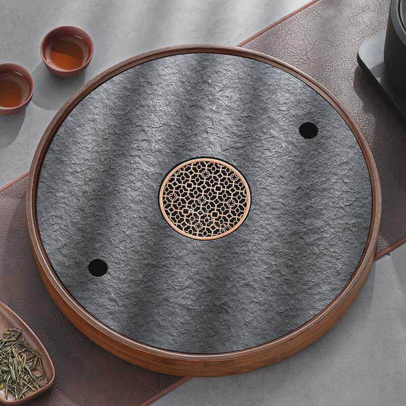 乌金石茶盘小型2023新款圆形功夫茶干泡台茶托盘家用小茶台储水式