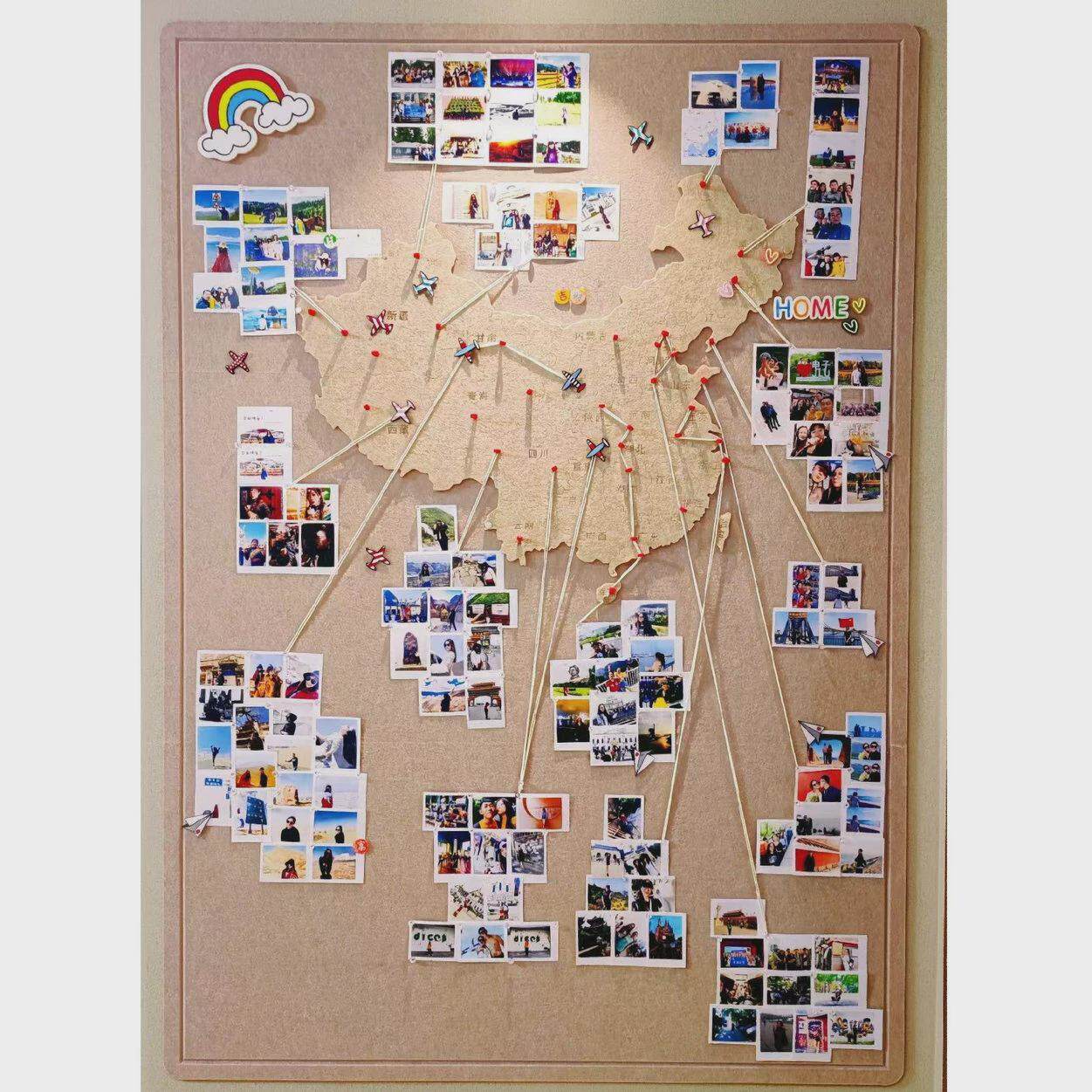 旅片行足迹地图照墙毛毡中国足记打景卡标记背图装饰板墙贴免打孔