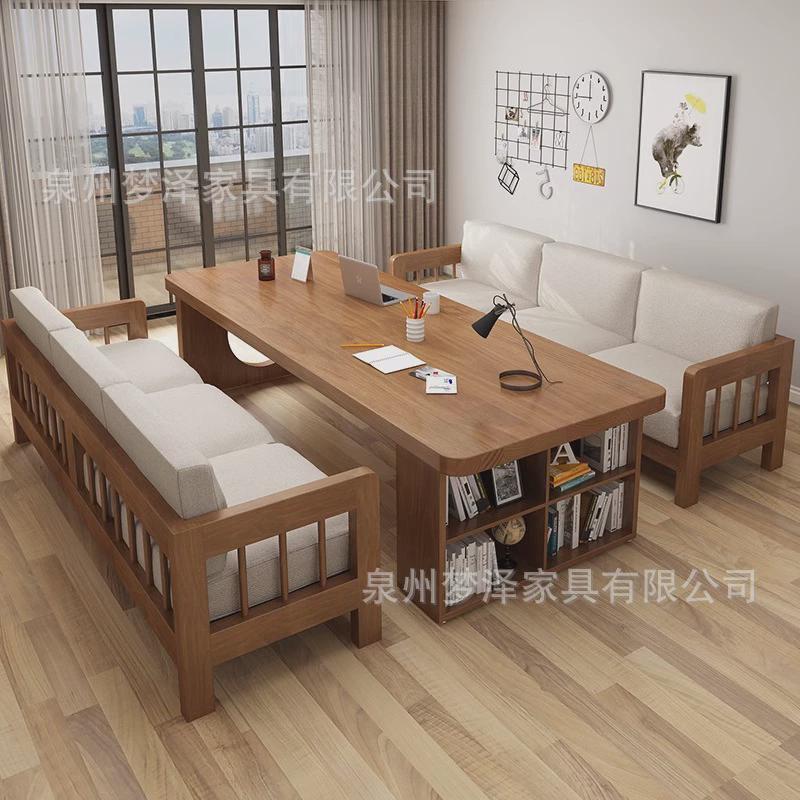 创意桌子实木大书桌书架一体双人写字台家用长条客厅青少年学习桌