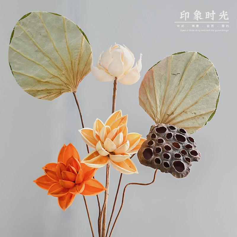 干花花束装饰摆件棉花荷花禅意中式风干天然插花客厅摆设松果莲蓬