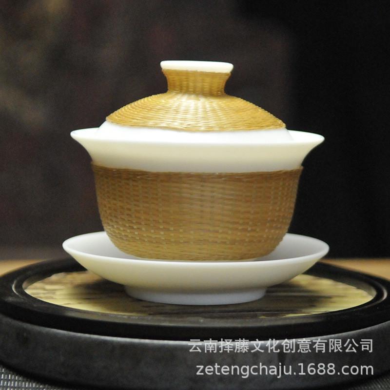 非遗竹丝扣瓷德化羊脂白玉瓷盖碗家用办公室主人杯品茗杯茶具套装