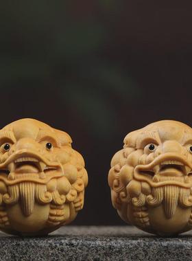【招财貔貅黄杨】木刻雕5.0公分一对手把件把玩盘玩物件