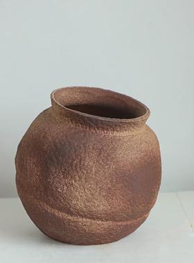 侘寂风粗陶花器禅意花瓶插干花中古花瓶手工陶罐陶瓷日式装饰摆件