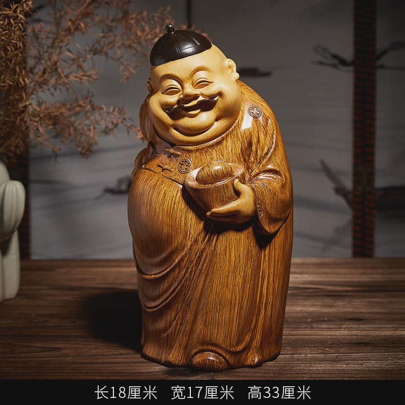 高端中式地主摆件客厅财神爷雕塑仿木雕茶几博古架装饰品桌面摆设