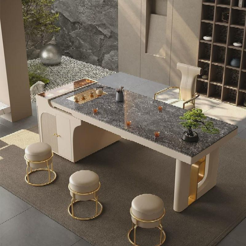 轻奢岩板茶台办公桌茶桌洽谈桌可拉伸泡茶台中岛台餐桌椅组合套装