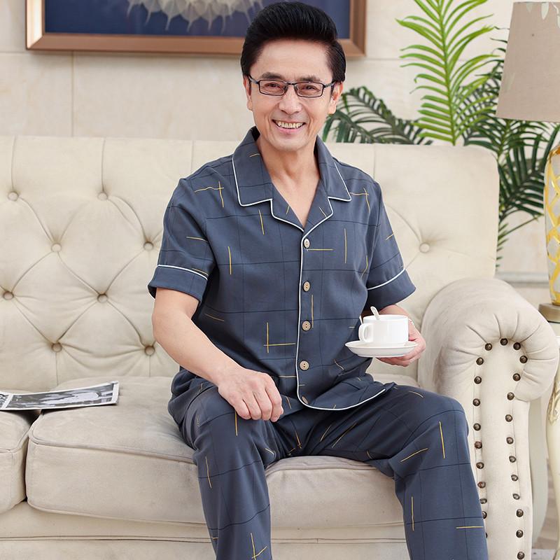 爸爸睡衣夏季薄款纯棉长裤中老年人男士全棉加大码夏天家居服
