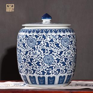 防潮防虫青花陶瓷米缸储物罐家用带盖面水桶40斤50斤大容量密封罐