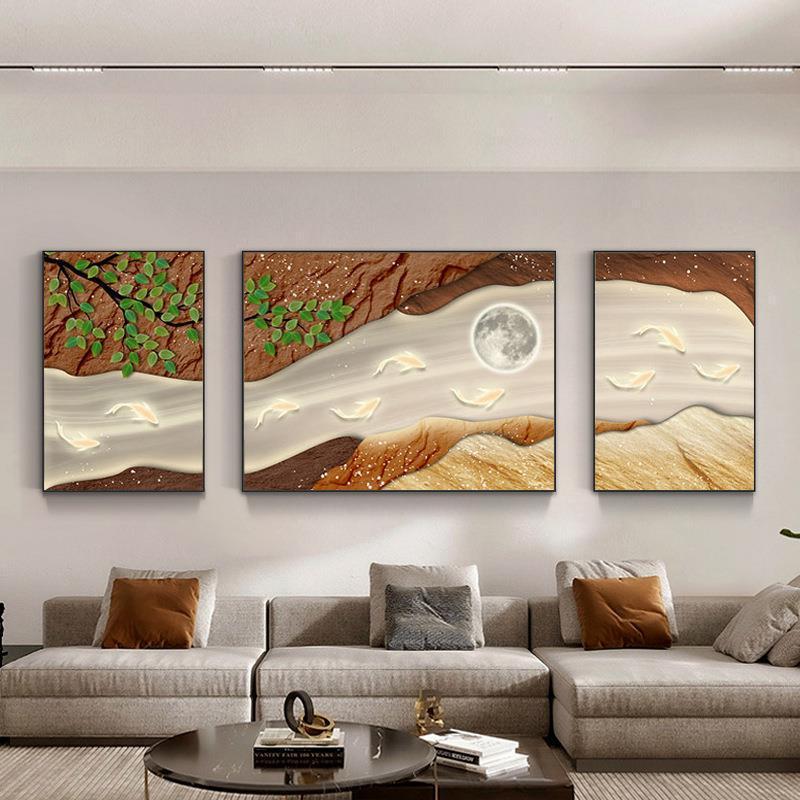 九鱼图客厅装饰画现代简约背景墙沙发三联画墙壁大气挂画墙上壁画图片