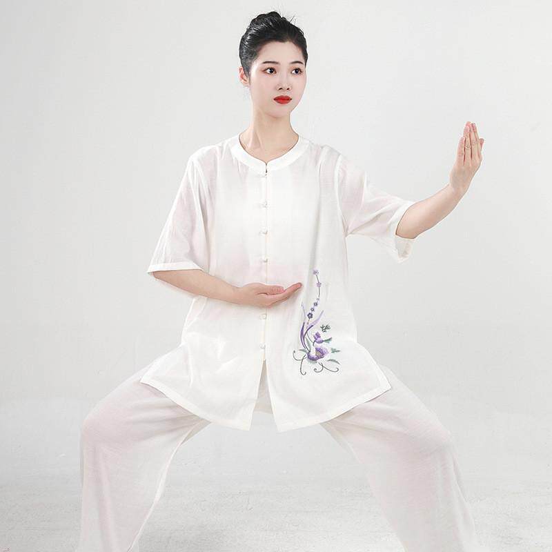 宏情棉麻绣花太极服女珍珠扣圆领夏季练功服八段锦武术服太极拳服