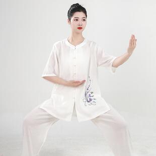 宏情棉麻绣花太极服女珍珠扣圆领夏季练功服八段锦武术服太极拳服