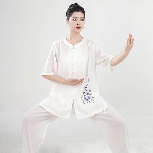 宏情棉麻绣花太极服女珍珠扣圆领夏季太极拳练功服武术服八段锦服