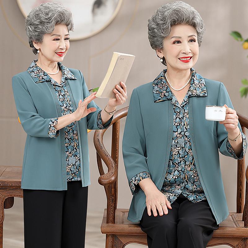 老年人夏装女奶奶装假两件套薄款妈妈春秋衬衫70岁80老人