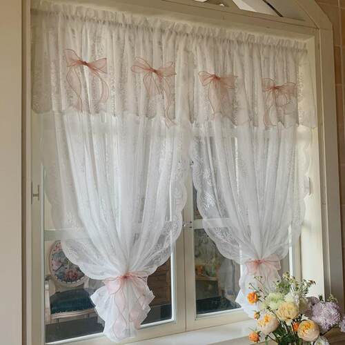 gz6m田园韩式美式蕾丝蝴蝶结魔术贴纱帘窗帘免打孔挂钩窗阳台客厅