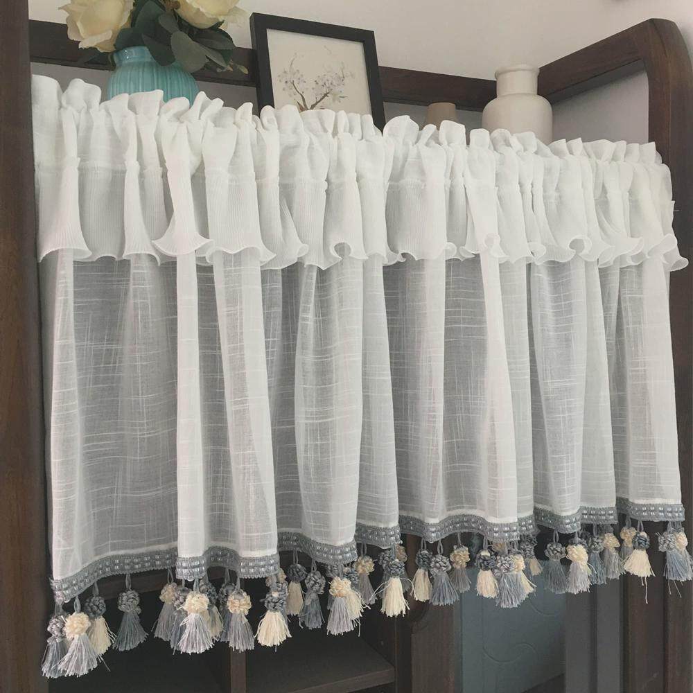 美式纱帘免打孔安装短流苏帘半帘蕾丝窗帘窗纱厨房帘头隔断飘新品