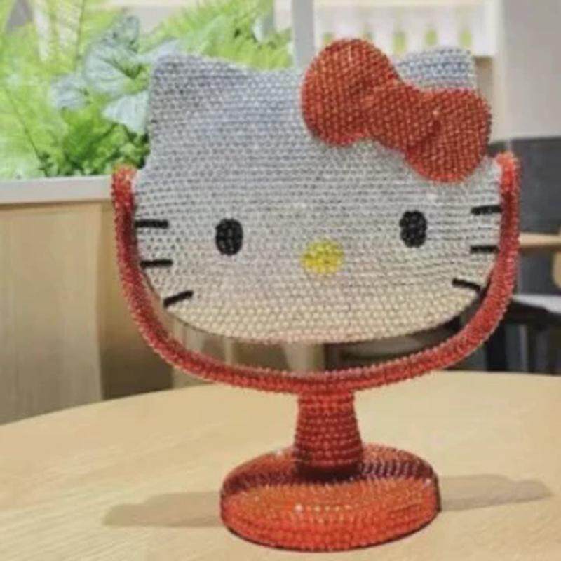 塑料钻水钻化妆镜贴猫咪粉色少女心台镜梳妆镜旋转镜节日直播镜子