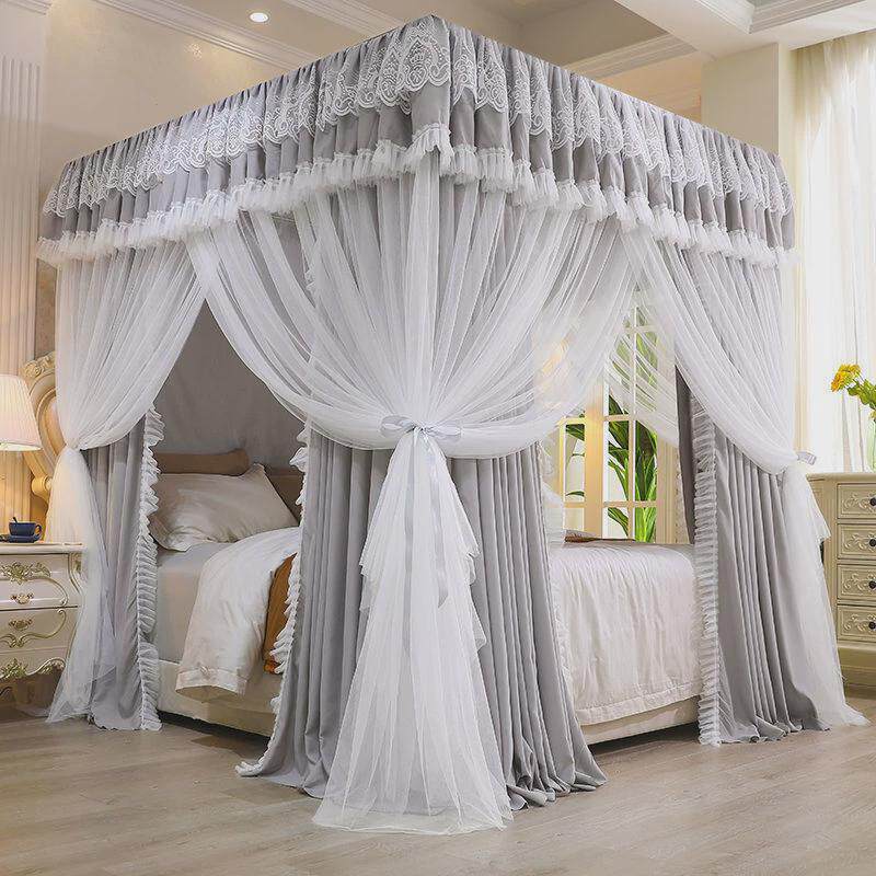双层家用公主风三开门蚊帐床幔落地式遮光床帘四季通用遮光防尘顶