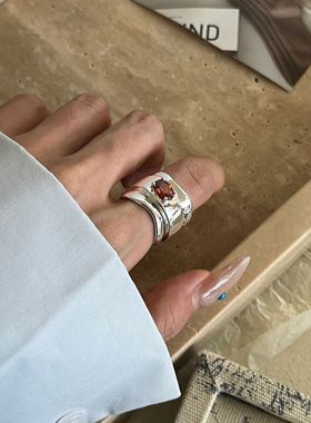 新款复古ins冷淡风红色宝石食指环欧美小众几何简约时尚百搭戒指