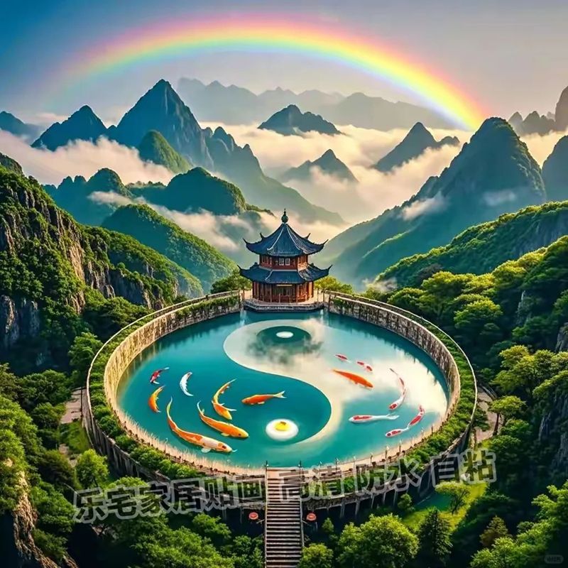 山水画卷太极锦鲤高清贴