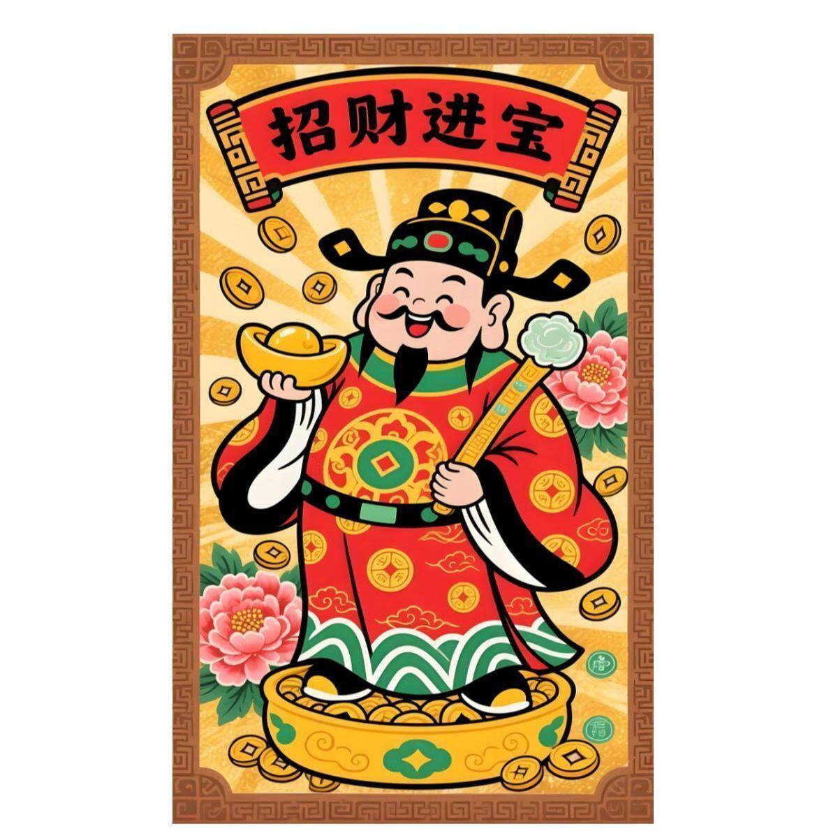 招财画像新中式财神墙贴