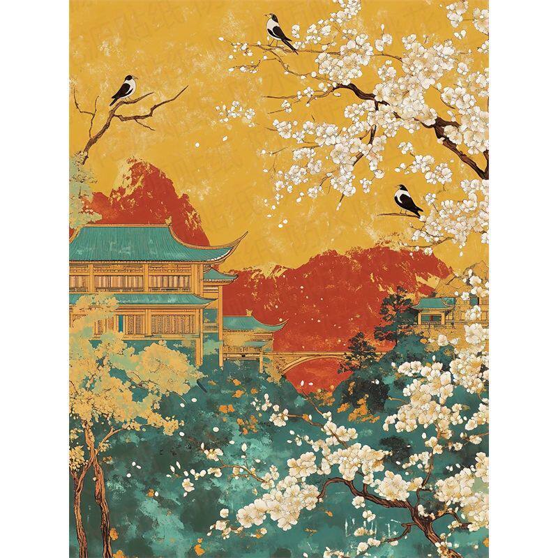 古风庭院山景壁纸墙贴纸