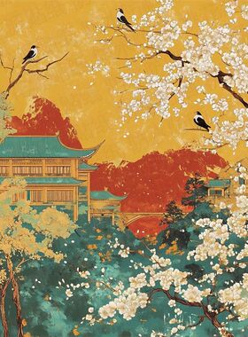 古风庭院山景壁纸墙贴纸