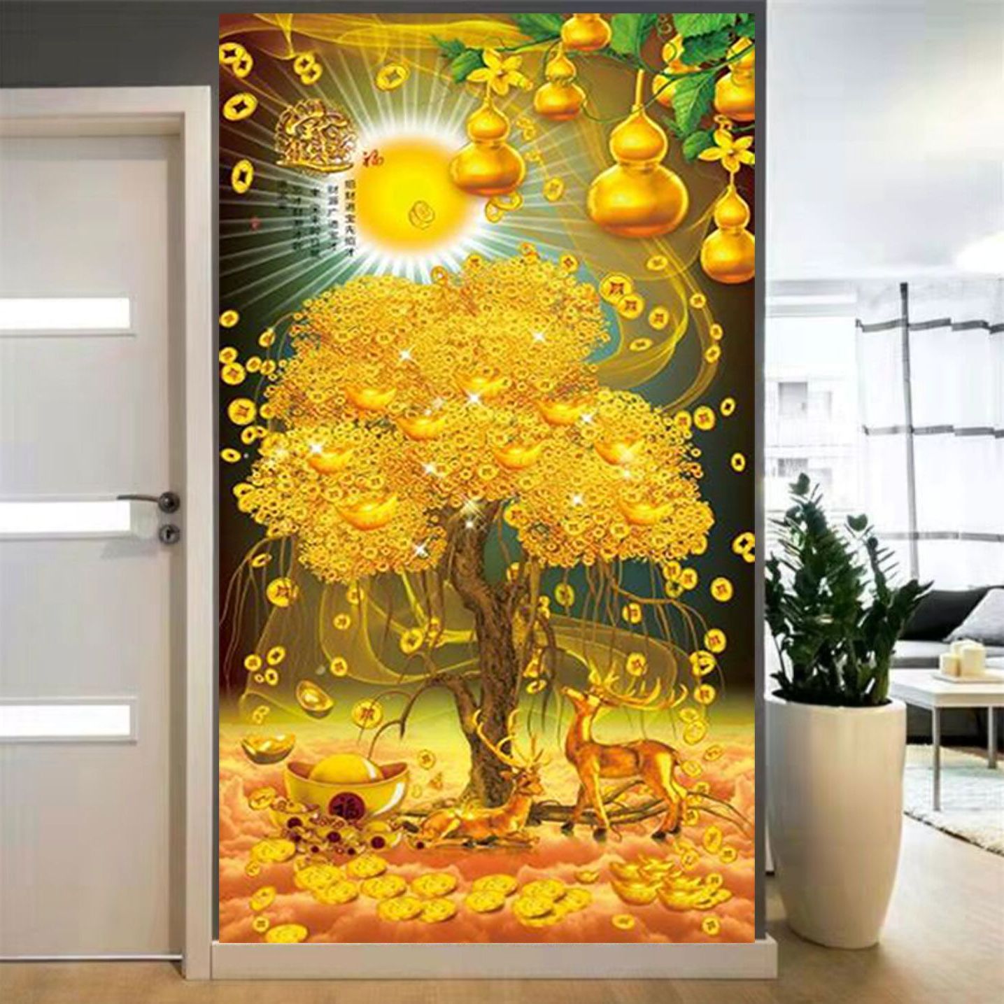 自粘招财贴画摇钱树玄关