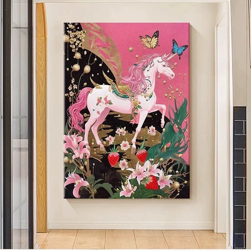 独角兽多巴胺粉色装饰画女孩房间玄关背景墙艺术高级独角兽自粘贴