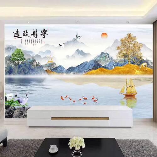 水墨壁画粘墙画自卧室客
