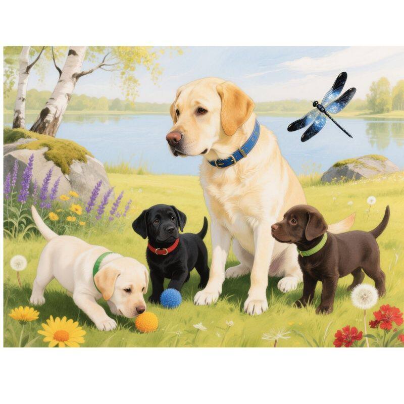 春日田园拉布拉多犬亲子