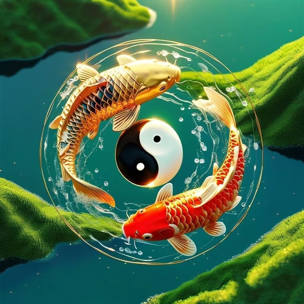 太极锦鲤图案聚财玄关贴