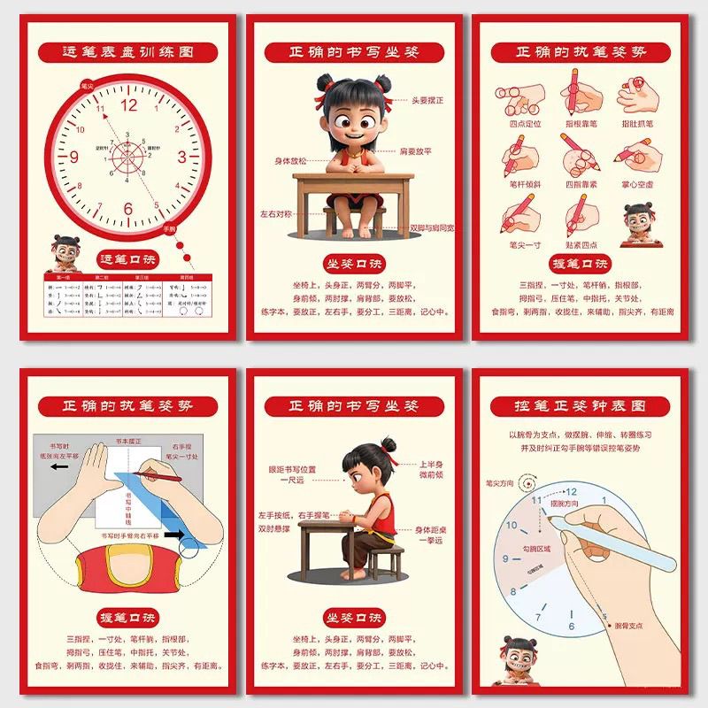 哪吒版正确握笔姿势图儿童标准坐姿写字书法教室布置自粘墙贴