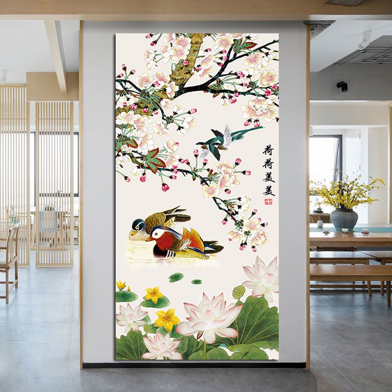 荷荷美美喜上眉梢鸳鸯戏水荷花贴画中堂过道装饰画旺宅风水自粘画