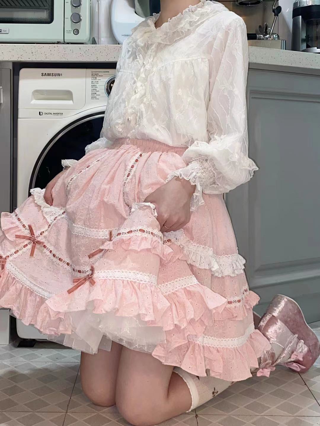 日常轻lo 白色百搭仿中古sk半裙半身裙lolita