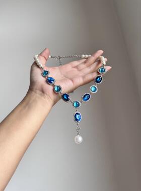 B.treasure复古宫廷风蓝宝珍珠项链女小众设计轻奢镶钻V型锁骨链