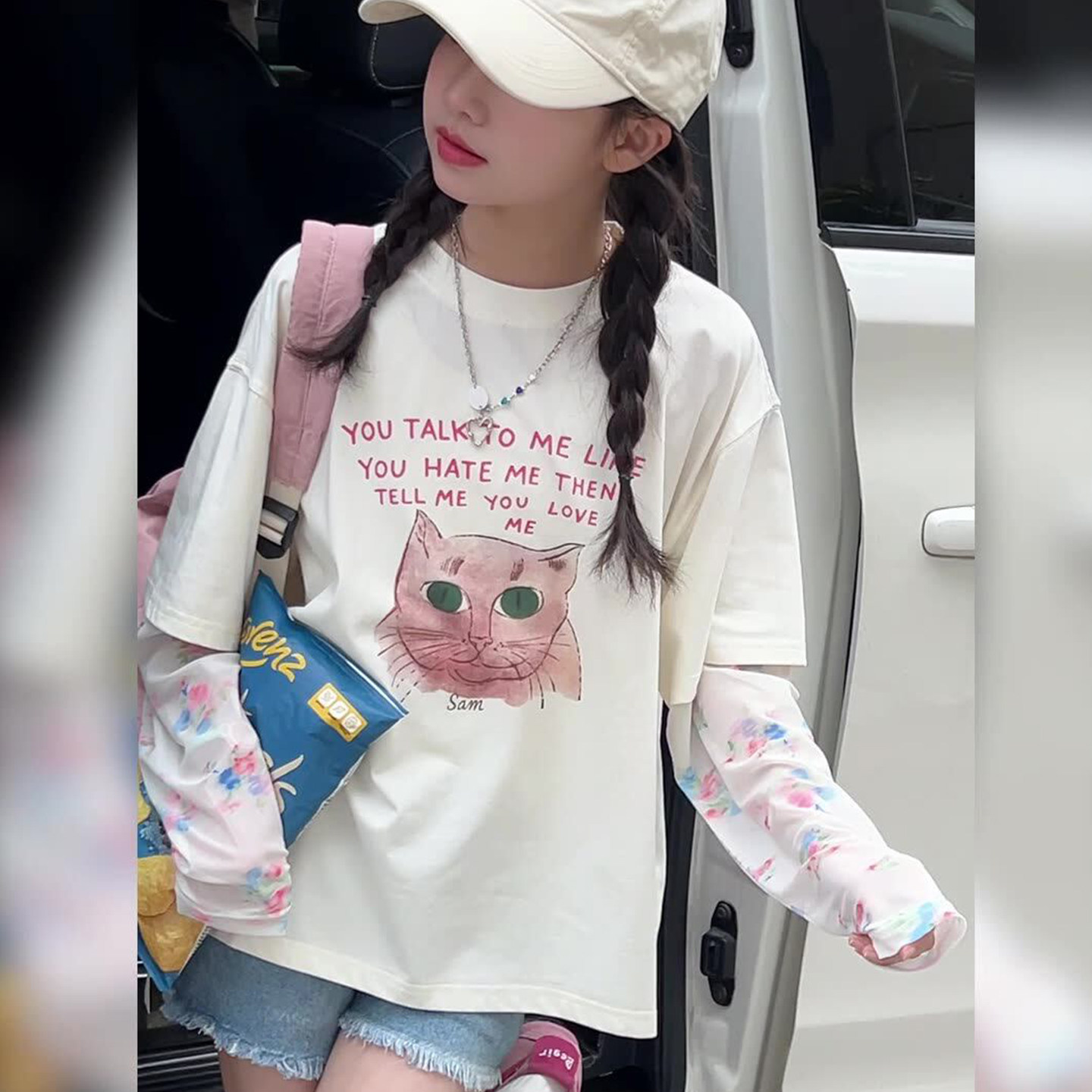 女童2026夏装假两件t恤 青少年猫咪印花防晒袖洋气宽松上衣长袖