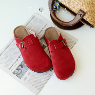 脱毒家福利款 牛皮勃肯鞋真皮复古休闲内增高低跟拖鞋半托勃肯拖