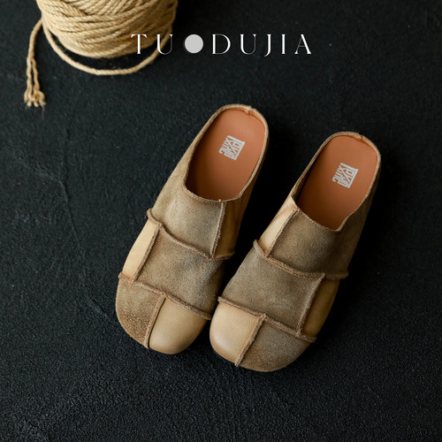 脱毒家牛皮拼接包头拖皮拖凉拖