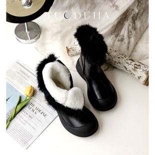 脱毒家 头层牛皮加绒棉靴真皮复古兔毛平底鞋舒适休闲短靴女靴子