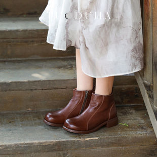 脱毒家 牛皮手工女鞋真皮舒适中跟女靴复古休闲拉链质感低筒短靴