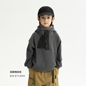 米修叻 半开襟户外加绒保暖上衣 儿童方格绒连帽卫衣男童秋冬新品
