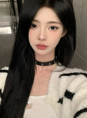 张元英同款黑色十字架choker项圈女小众双条叠戴项链皮质颈链y2k