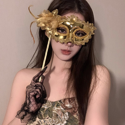 化妆舞会面具鎏金之夜年会晚会假面舞会面罩手持半脸羽毛面具装扮
